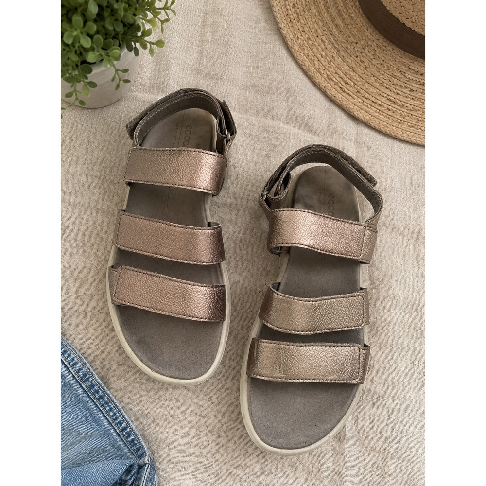 ECCO Simpil Metallic Bronze Pewter Leather Triple Strap Sandals Womens 41 US 10